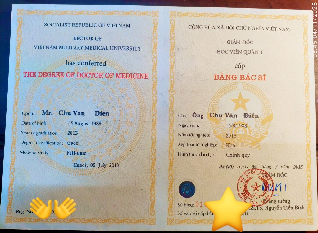 Bằng bác sĩ đa khoa tại Học viện Quân y của Doctor Chu (bác sĩ Chu Văn Điển)