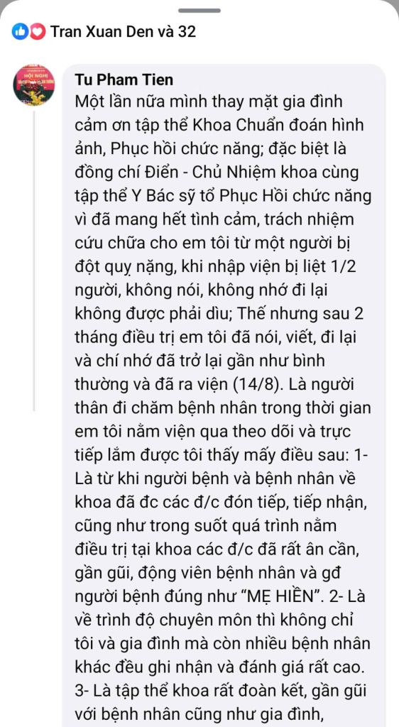 Cảm nhận bệnh nhân sau phục hồi chức năng đột quỵ não tại Bệnh viện Quân y 110